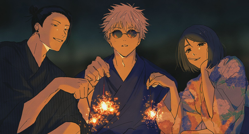 1girl 2boys 2y_rmdol black_eyes black_hair black_kimono blue_kimono cigarette ear_piercing fireworks getou_suguru gojou_satoru hair_bun hand_on_own_face hand_up hands_up highres holding_fireworks ieiri_shoko japanese_clothes jujutsu_kaisen kimono mole mole_under_eye mouth_hold multiple_boys open_mouth piercing pink_kimono round_eyewear short_hair smile sparkler sunglasses upper_body white_hair wide_sleeves yukata