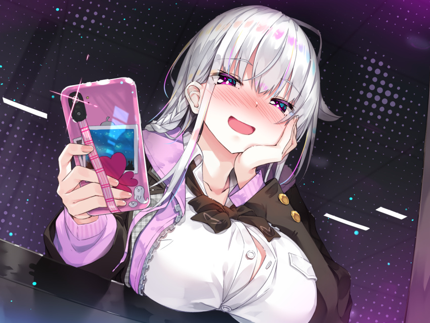 1girl black_jacket blush braid breast_rest breasts cellphone collarbone collared_shirt dutch_angle hair_between_eyes hand_on_own_cheek hand_on_own_face highres holding holding_phone jacket large_breasts long_hair long_sleeves looking_at_viewer non-web_source open_mouth original phone purple_card purple_eyes rozea_(graphmelt) shirt sidelocks smartphone smile solo unbuttoned unbuttoned_shirt white_hair white_shirt