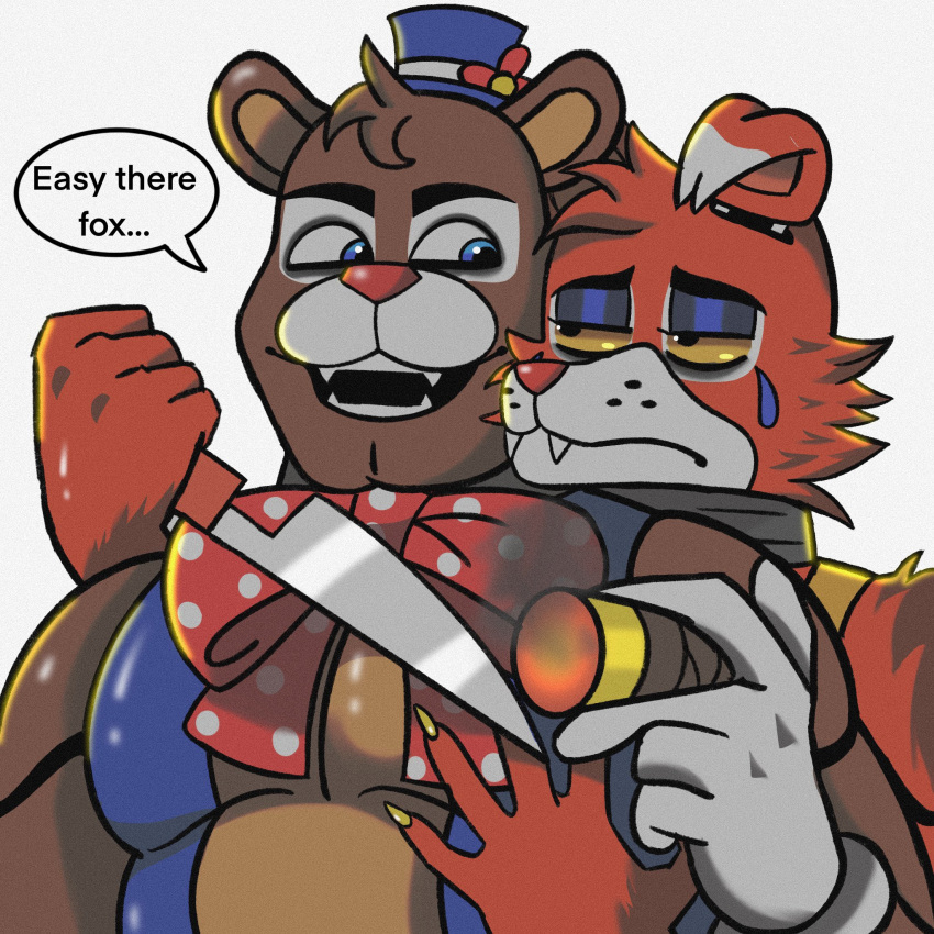 2023 5_fingers animatronic anthro bear bow_(feature) bow_tie brown_body canid canine cherryontop cigar circus_foxy circus_freddy claws clothed clothing clown clown_makeup dialogue digital_media_(artwork) duo english_text fingers five_nights_at_freddy's five_nights_at_freddy's:_security_breach fox foxy_(fnaf) freddy_(fnaf) fur gloves handwear hi_res holding_knife holding_object knife looking_at_another machine male male/male mammal muscular muscular_anthro muscular_male open_clothing open_mouth open_topwear open_vest partially_clothed pecs red_nose robot scottgames simple_background smoke steel_wool_studios teeth text topwear ursine vest weapon white_background yellow_sclera
