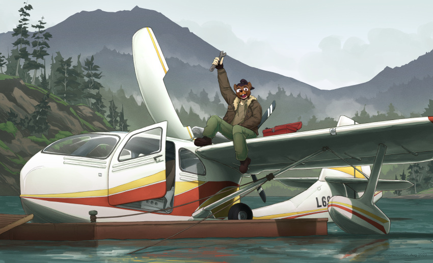 aircraft airplane anthro beaver dock forest gesture hi_res lake male mammal mountain mynameiscomic plant rodent seaplane solo tools tree waving waving_at_viewer wrench