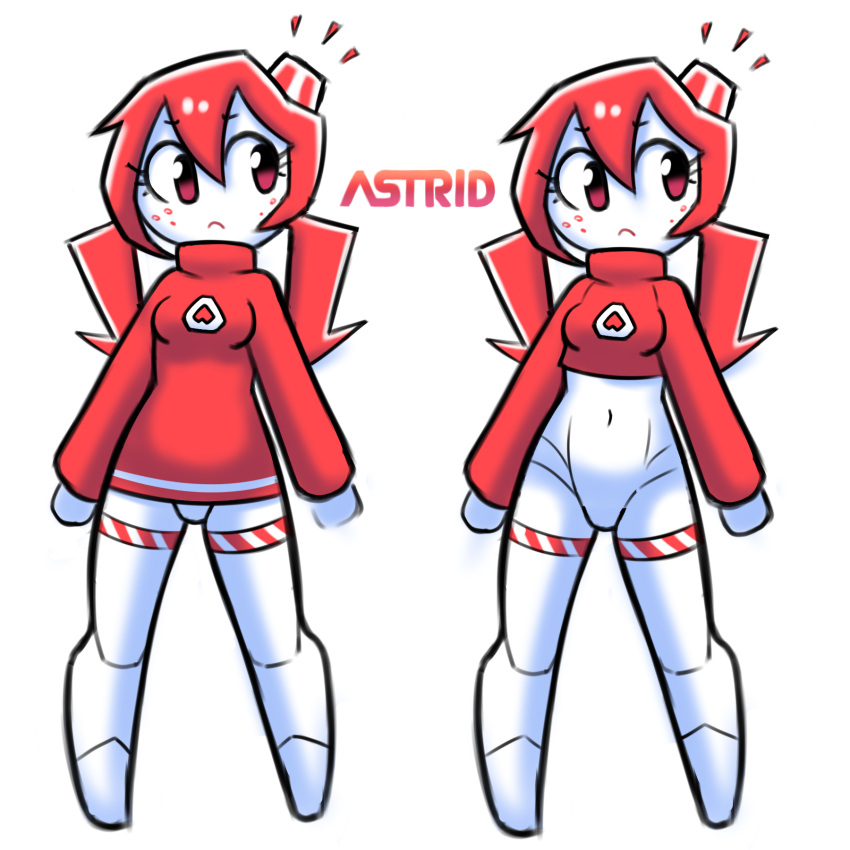 android bottomless breasts clothed clothing cropped_sweater disfigure duo female freckles hair hi_res humanoid machine navel pigtails red_eyes red_hair red_light robot robot_humanoid sibling_(lore) small_breasts sweater topwear twins_(lore) white_body