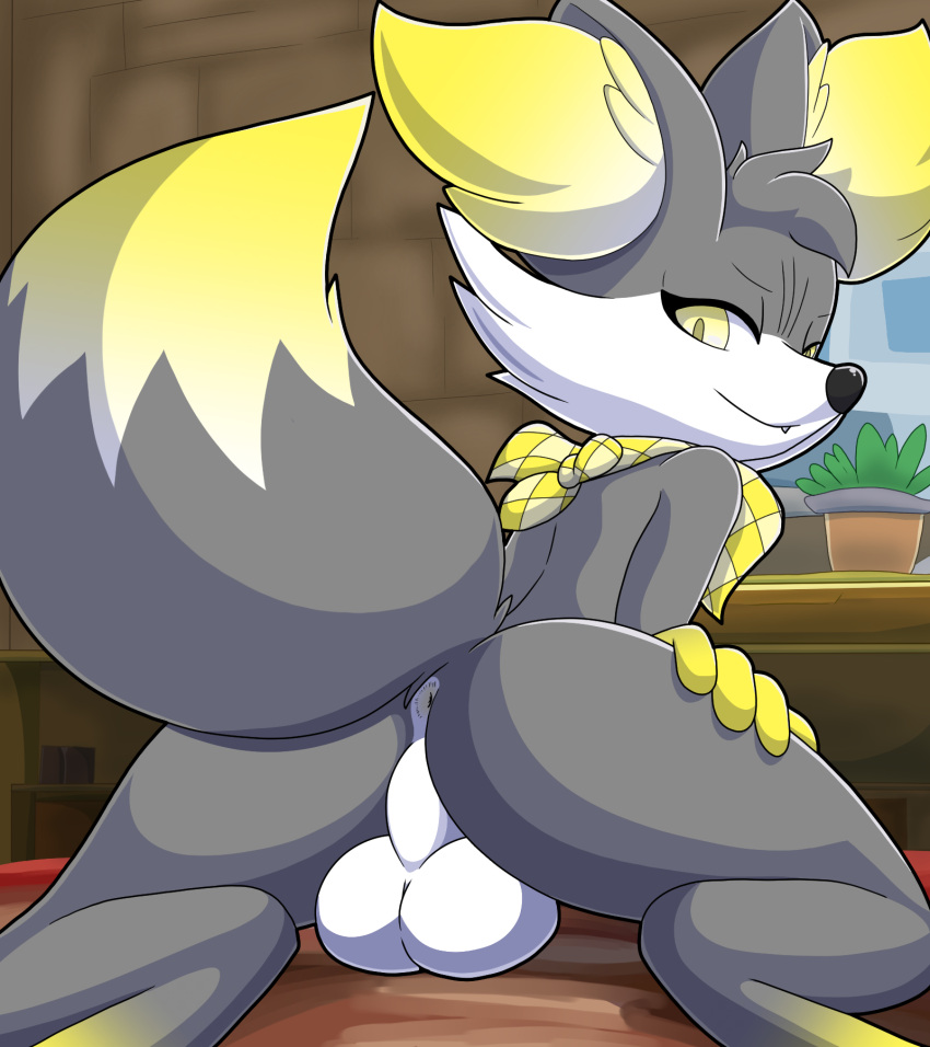 anthro anus ball bandanna big_butt butt digital_media_(artwork) fan_character fur genitals grey_body grey_fur hi_res kerchief looking_at_viewer looking_back male nintendo pokemon pokemon_(species) presenting presenting_hindquarters sallandril simple_background smile solo tail