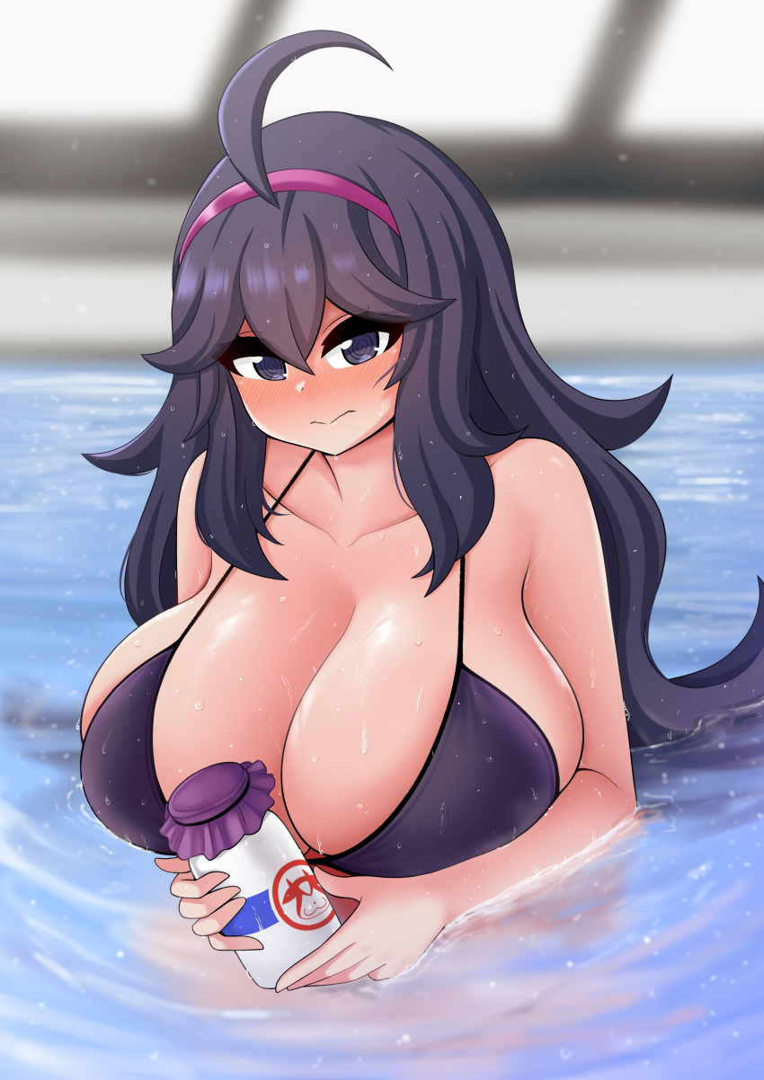 1girl @_@ absurdres ahoge bikini blush bottle breasts hex_maniac_(pokemon) highres huge_breasts long_hair milk_bottle pokemon pokemon_(game) pokemon_xy pool poolside purple_bikini purple_eyes rei_no_pool swimsuit the_only_shoe upper_body water