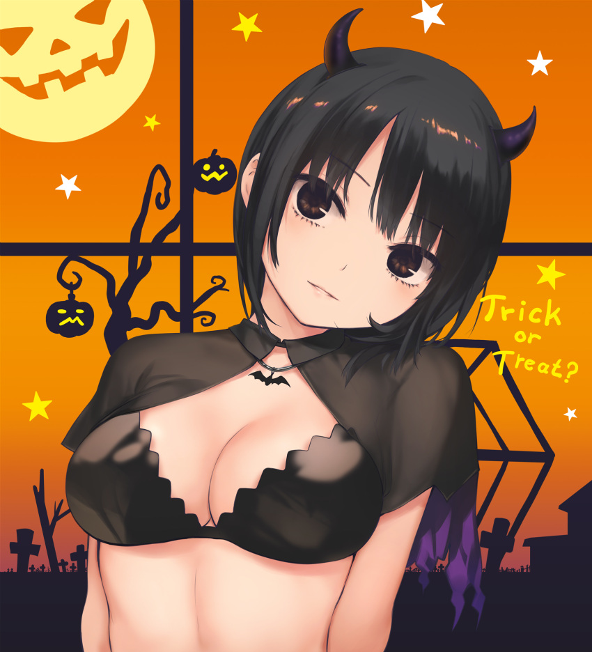 1girl aoyama_sumika bare_tree black_bra black_capelet black_hair bra breasts brown_eyes capelet coffee-kizoku commentary_request demon_horns halloween head_tilt highres horns jack-o'-lantern medium_breasts original solo star_(symbol) tree trick_or_treat underwear upper_body window