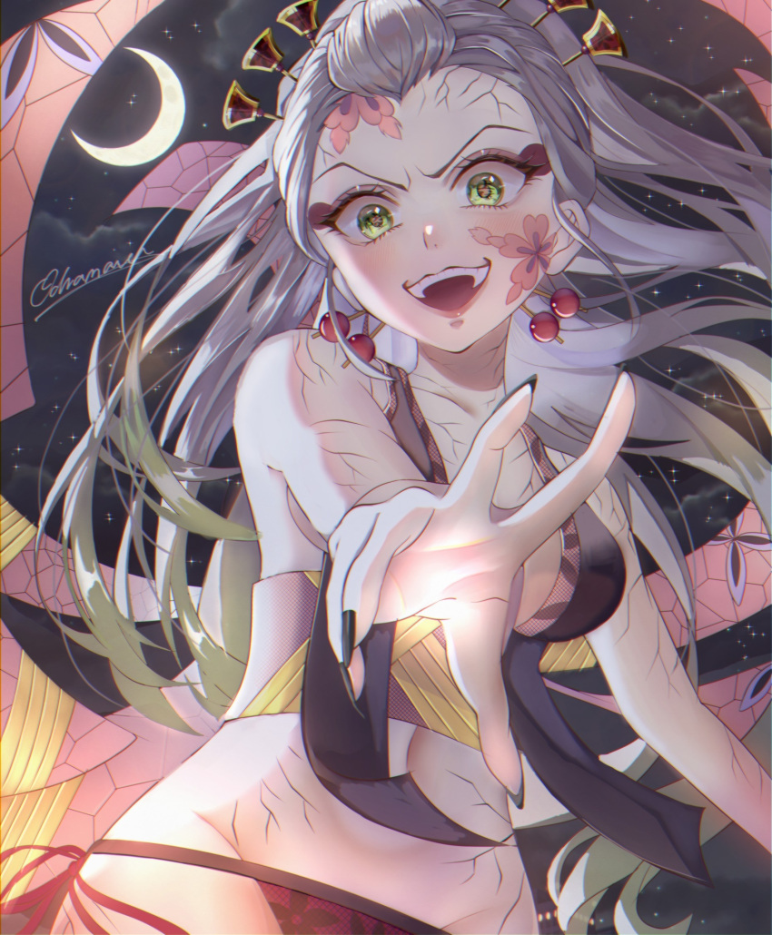 1girl black_nails breasts cracked_skin crescent_moon daki_(kimetsu_no_yaiba) facial_mark fingernails gradient_hair green_eyes green_hair grey_hair hair_ornament hair_stick highres kimetsu_no_yaiba long_hair looking_at_viewer medium_breasts moon multicolored_hair night night_sky oiran open_mouth outdoors outstretched_arm sharp_fingernails sky solo text_in_eyes user_hjkt8883