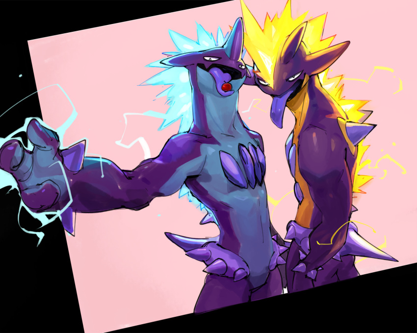 2019 5:4 amped_toxtricity anthro back_spikes cherry colored_sketch duo electricity electricity_manipulation elemental_manipulation featureless_crotch food fruit generation_8_pokemon glowing_mane hi_res horn letterbox long_neck looking_at_viewer low_key_toxtricity male mane nintendo nude open_mouth outstretched_arm pink_background plant pokemon pokemon_(species) portrait pose purple_tongue scalie simple_background sketch spikes spikes_(anatomy) standing three-quarter_portrait tongue tongue_out toxtricity vu06 waist_spike wrist_spikes