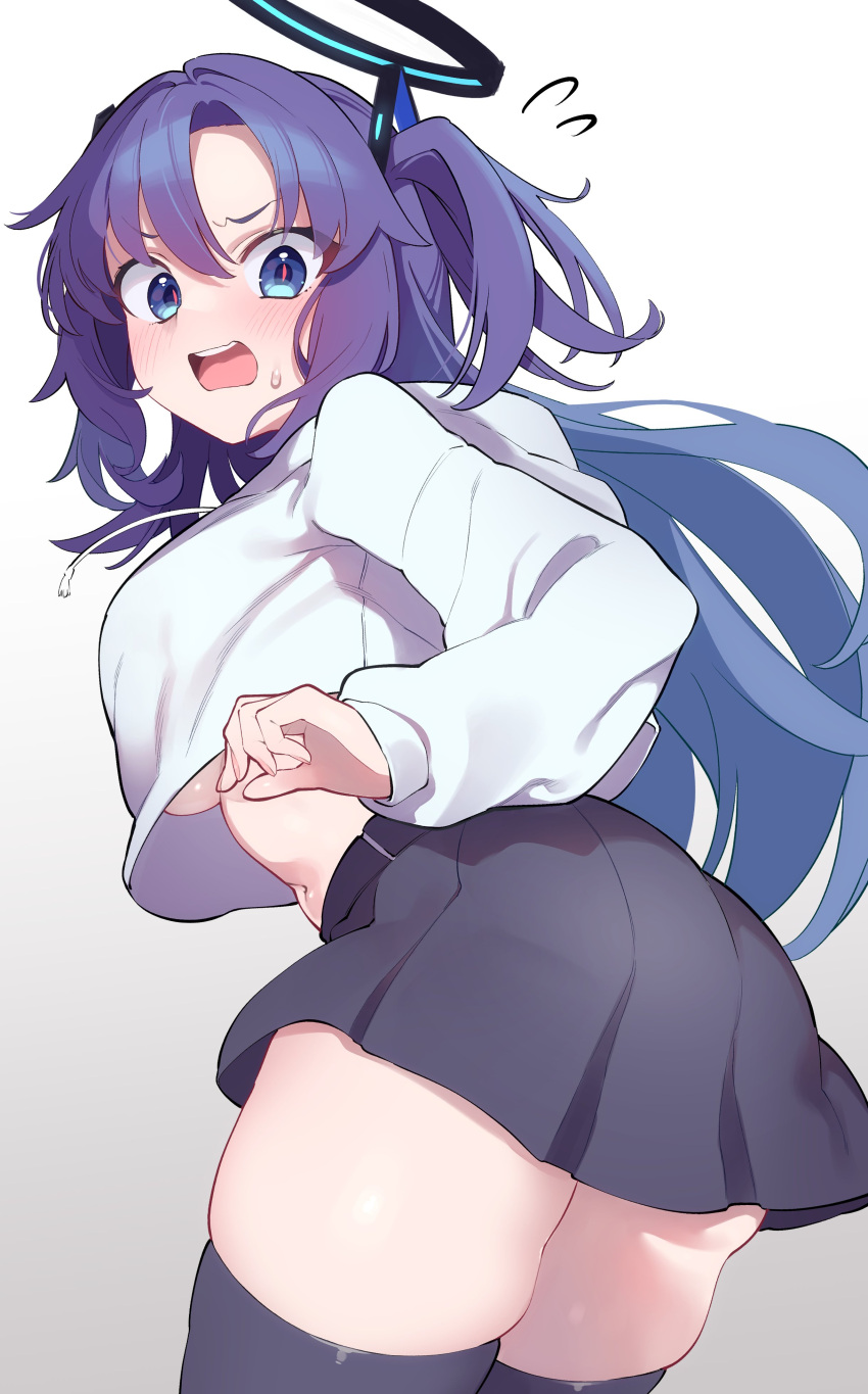 1girl absurdres ass ass_focus blue_archive blue_eyes blush breasts commentary_request embarrassed halo highres hood hoodie large_breasts long_hair long_sleeves looking_at_viewer looking_back mechanical_halo open_mouth parted_bangs purple_hair shirt simple_background solo sutora_binsuke thick_thighs thighhighs thighs two_side_up yuuka_(blue_archive)