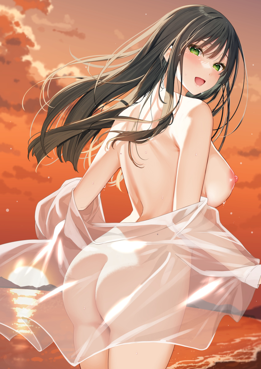 1girl ass back bare_back bekotarou black_hair blush breasts cloud cloudy_sky evening from_behind gradient_sky green_eyes highres horizon large_breasts long_hair looking_at_viewer looking_back median_furrow naked_shirt nipples ocean open_mouth orange_sky original outdoors see-through see-through_shirt shirt shoulder_blades sideboob sky smile solo standing sun sunset undressing water wet