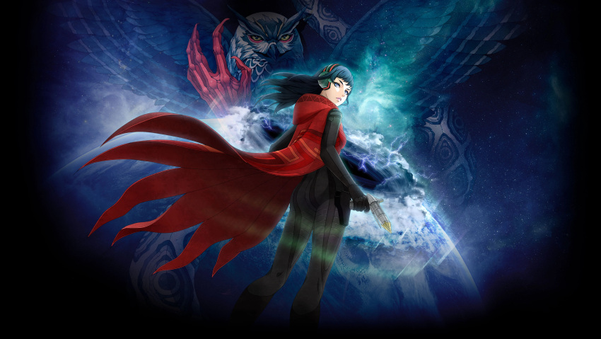 1boy 1girl absurdres alex_(shin_megami_tensei:_strange_journey) amon_(megami_tensei) arm_up aurora bad_source beak bird black_bodysuit black_gloves black_hair black_hole blue_eyes bodysuit cape claws cloud doi_masayuki earth_(planet) energy_gun feathered_wings feathers finger_on_trigger from_behind gloves gun hand_up headgear headphones headset highres holding holding_gun holding_weapon holster hood hood_down impossible_clothes lightning looking_at_viewer looking_back medium_hair official_art owl parted_lips planet ray_gun scales shin_megami_tensei shin_megami_tensei:_strange_journey skin_tight snake_tail space standing star_(sky) tail thigh_holster third-party_source weapon wings yellow_eyes