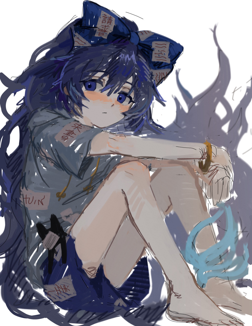 1girl :/ absurdres b_nosk101 barefoot blue_bow blue_eyes blue_hair blue_skirt blush bow bracelet closed_mouth commentary debt fire flame full_body grey_hoodie hair_between_eyes hair_bow highres hood hood_down hoodie jewelry long_hair looking_at_viewer one-hour_drawing_challenge short_sleeves simple_background sitting sketch skirt solo stuffed_animal stuffed_cat stuffed_toy touhou very_long_hair white_background yorigami_shion