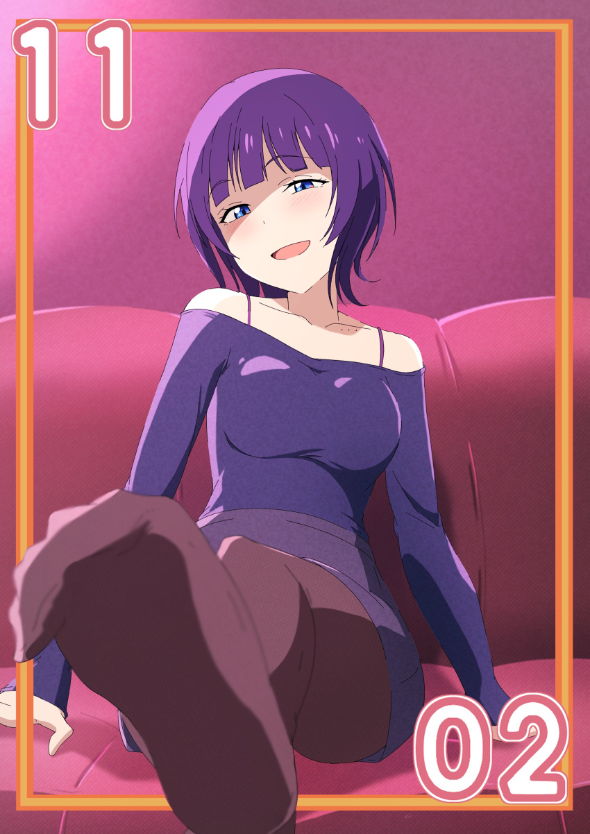 1girl absurdres alternate_hair_color asaka_karin blue_eyes blunt_bangs blurry blurry_foreground breasts brown_pantyhose collarbone commentary_request couch dated feet foot_focus half-closed_eyes highres large_breasts light_blush looking_at_viewer love_live! love_live!_nijigasaki_high_school_idol_club medium_hair mole_on_body november on_couch open_mouth outside_border pantyhose purple_hair purple_shirt shirt sitting sleeveless sleeveless_shirt smile solo spaghetti_strap zasshoku_ojisan