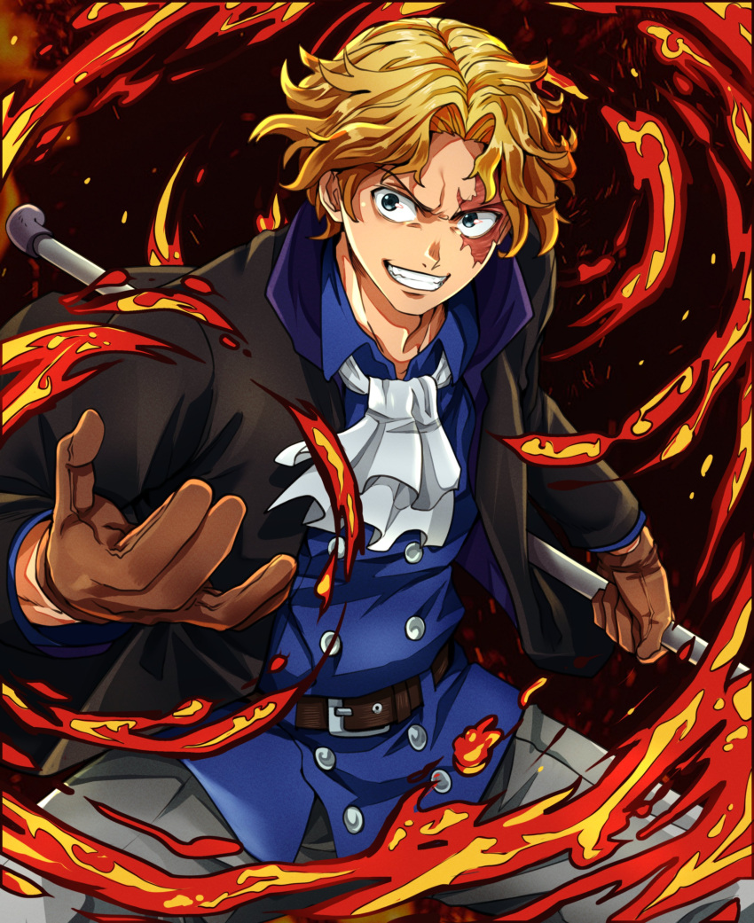 1boy absurdres ascot black_jacket blonde_hair blue_eyes blue_shirt brown_gloves english_commentary fire gloves grey_ascot highres holding holding_weapon jacket kerana_art lead_pipe male_focus one_piece sabo_(one_piece) scar scar_across_eye scar_on_face shirt short_hair smile solo teeth v-shaped_eyebrows weapon