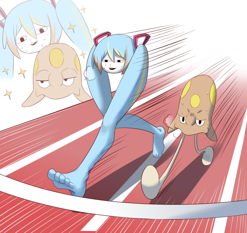 1girl absurdres barefoot black_eyes blue_hair chinese_commentary colored_skin commentary_request finish_line hair_ornament hatsune_miku heavy_breathing highres looking_ahead looking_at_another open_mouth pokemon pokemon_(creature) projected_inset racing running running_track shiteyan'yo sparkle speed_lines sweat toedscool twintails vocaloid white_skin zhen_xionggui