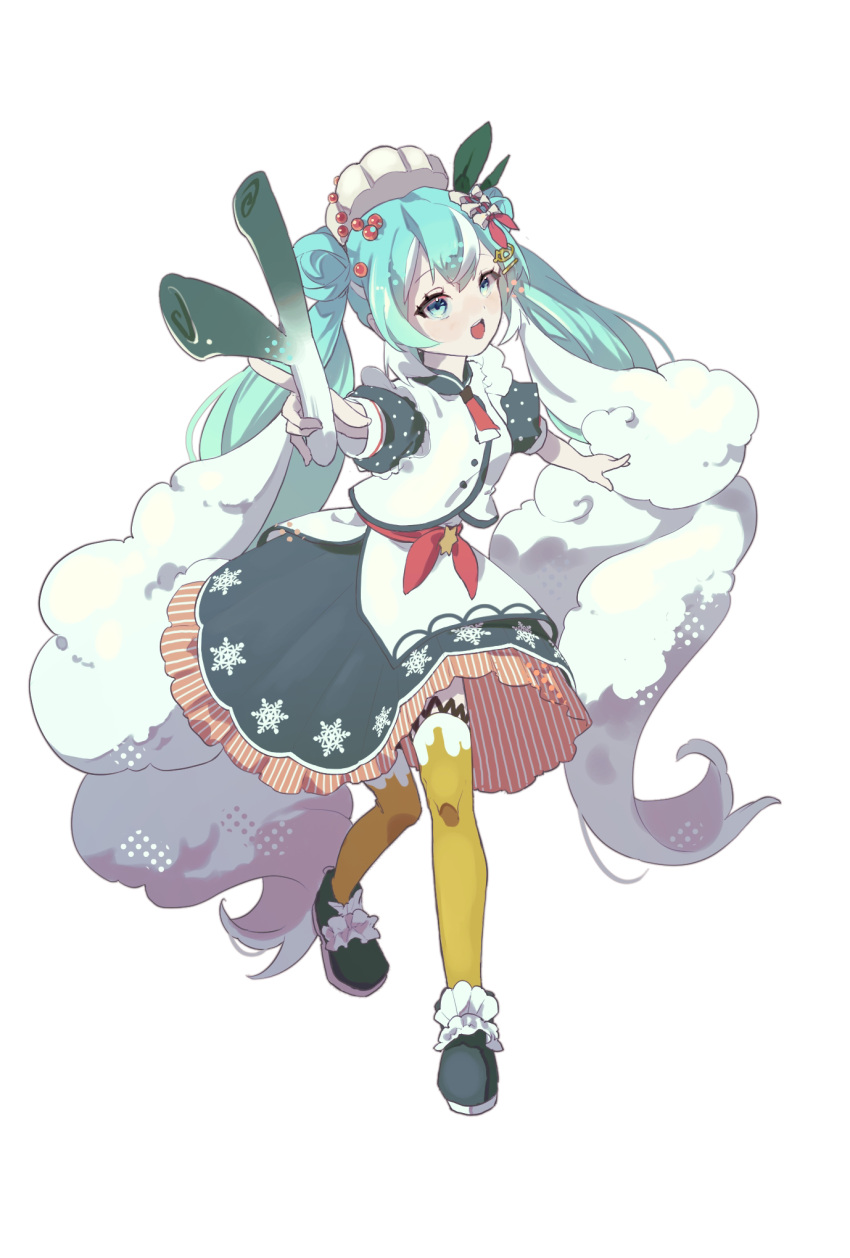 1girl :d aiming_at_viewer aqua_eyes aqua_footwear aqua_hair aqua_skirt aqua_sleeves bow commentary crab_hair_ornament double_bun fluffy food foreshortening frilled_skirt frills full_body green_ribbon hair_bun hair_ornament hairclip hatsune_miku highres holding holding_food holding_spring_onion holding_vegetable hukaya39 ikura_(food) layered_skirt long_hair multicolored_hair necktie open_mouth orange_thighhighs outstretched_arm pink_bow pink_necktie pink_ribbon polka_dot_sleeves puffy_short_sleeves puffy_sleeves ribbon shirt short_necktie short_sleeves skirt smile solo spring_onion streaked_hair thighhighs twintails vegetable very_long_hair vocaloid wavy_hair white_background white_hair white_headwear white_ribbon white_shirt yuki_miku