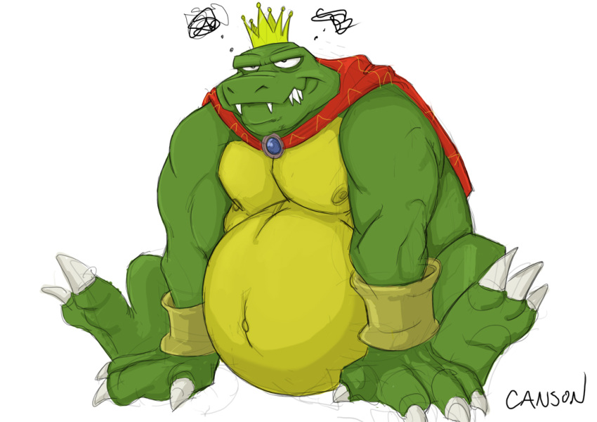 2014 anthro belly big_belly canson cape claws clothing crocodilian crown cuff_(restraint) donkey_kong_(series) fangs grumpy headgear king_k._rool kremling looking_at_viewer male mostly_nude navel nintendo nipples obese obese_anthro obese_male overweight overweight_anthro overweight_male reptile restraints scales scalie shackles signature sitting solo teeth toe_claws