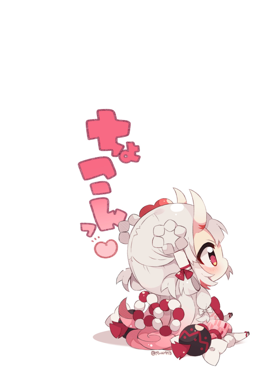 1girl braid chibi commentary_request flower gradient_hair grey_hair hair_flower hair_ornament hair_rings highres hololive horns looking_away multicolored_hair muuran nakiri_ayame negative_space oni oni_horns profile red_eyes red_flower red_hair shadow simple_background sitting solo thighhighs translation_request twin_braids twitter_username virtual_youtuber white_background white_thighhighs
