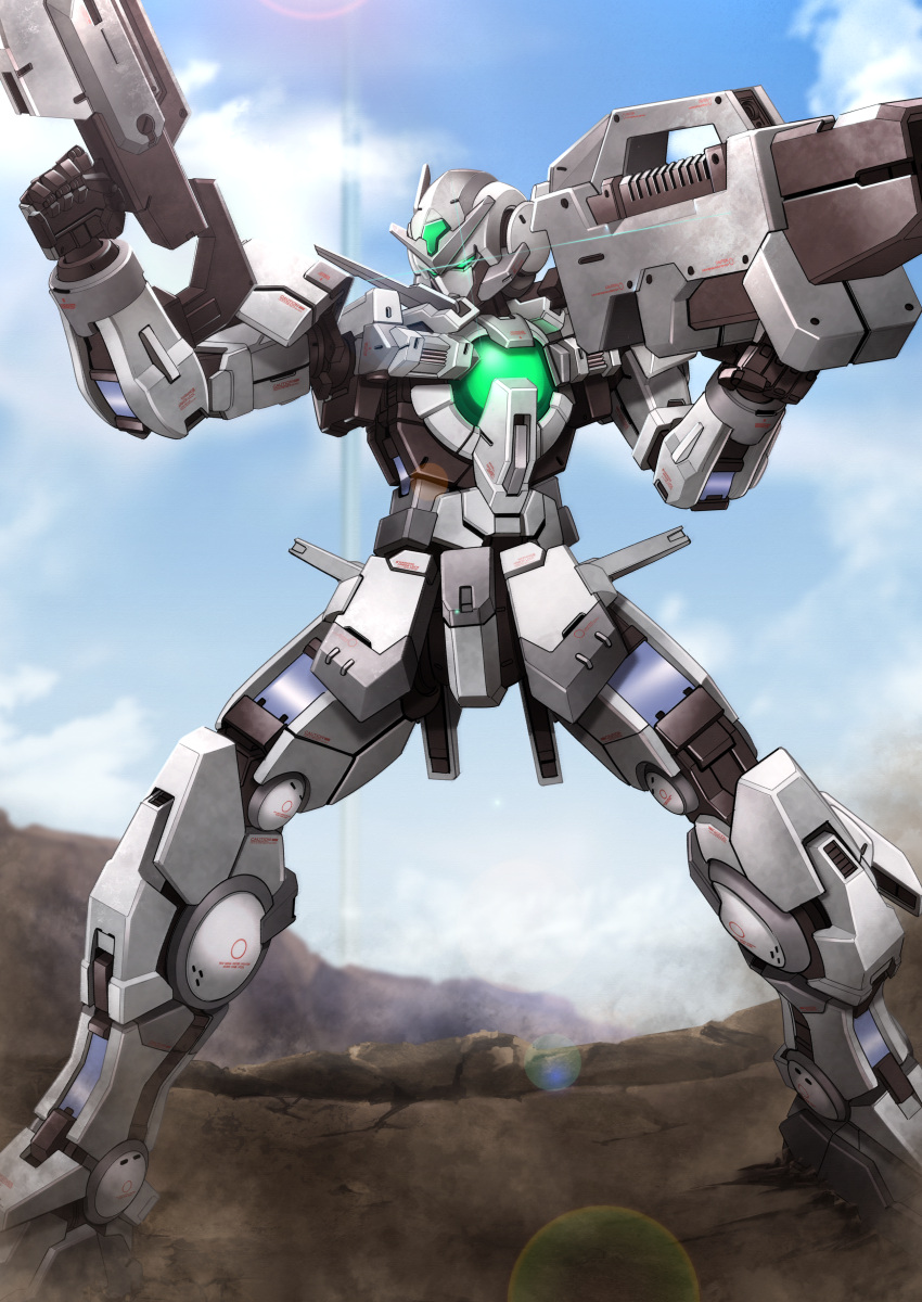 absurdres alternate_color ayato_mabu bazooka_(gundam) blue_sky blurry bokeh cloud cloudy_sky commentary depth_of_field eye_trail glowing glowing_eyes green_eyes gun gundam gundam_00 gundam_astraea highres holding holding_gun holding_weapon light_trail mecha mobile_suit outdoors robot sky standing v-fin weapon white_armor