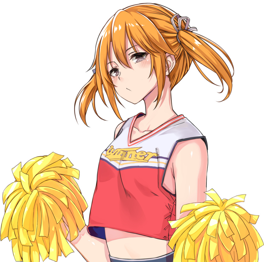 1girl bare_shoulders blush bow breasts brown_eyes cheerleader closed_mouth collarbone crop_top cropped_shirt from_side grey_bow hair_between_eyes hair_bow hands_up holding holding_pom_poms idashige_(walkietalkie) idolmaster idolmaster_cinderella_girls idolmaster_cinderella_girls_starlight_stage long_hair looking_at_viewer midriff orange_hair pom_pom_(cheerleading) print_shirt red_shirt shirt simple_background sleeveless sleeveless_shirt small_breasts solo text_print twintails upper_body white_background yuuki_haru