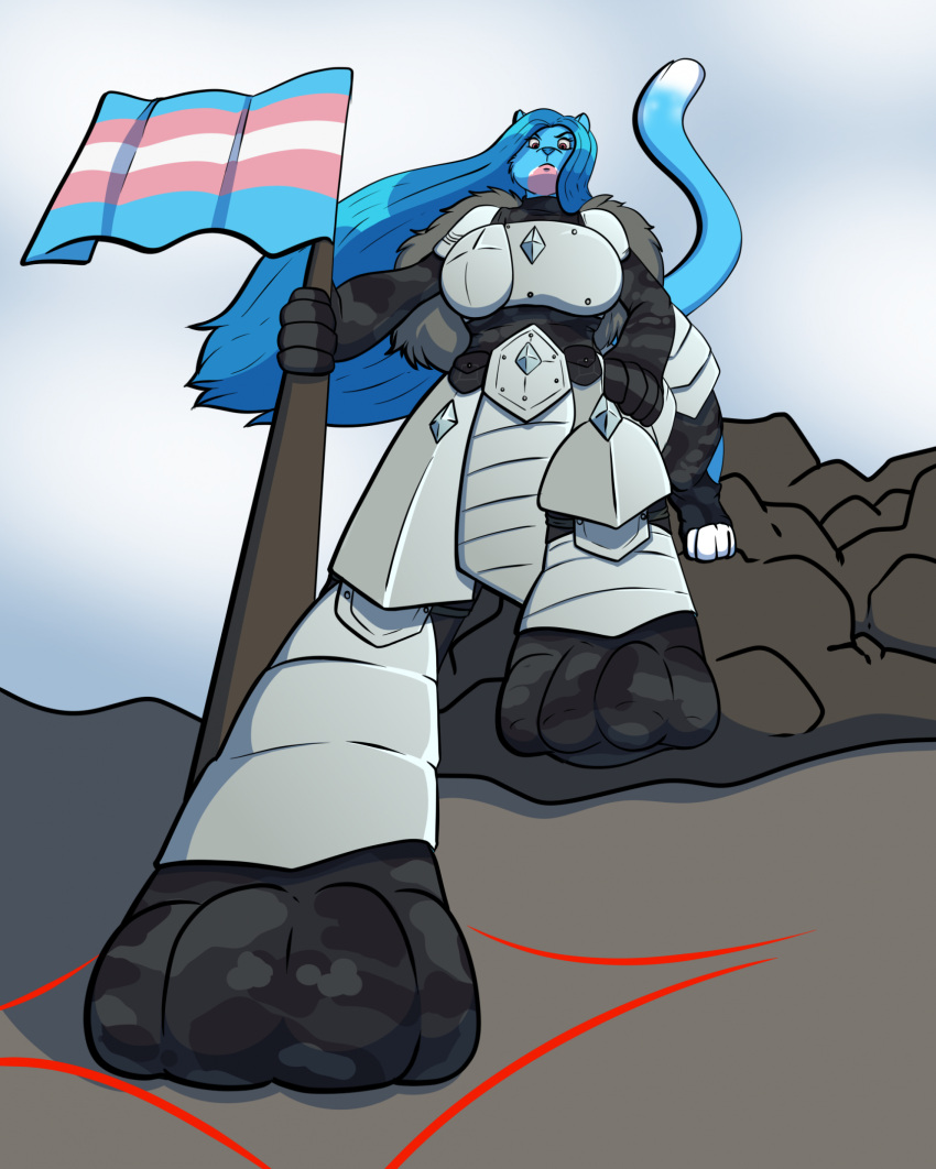 2023 armor axelferdinan blue_body blue_fur blue_hair blue_nose chakat chakat_hardscrabble clothed clothing cloudy_sky countershade_face countershading digital_media_(artwork) dipstick_tail eyebrows eyelashes felid felid_taur female female_taur flag flag_(object) fur glare hair herm_(lore) hi_res holding_flag holding_object lgbt_pride mammal mammal_taur markings multicolored_body multicolored_fur outside pink_body pink_countershading pink_fur pride_colors quadruped red_eyes sky solo standing tail tail_markings taur transgender_pride_colors