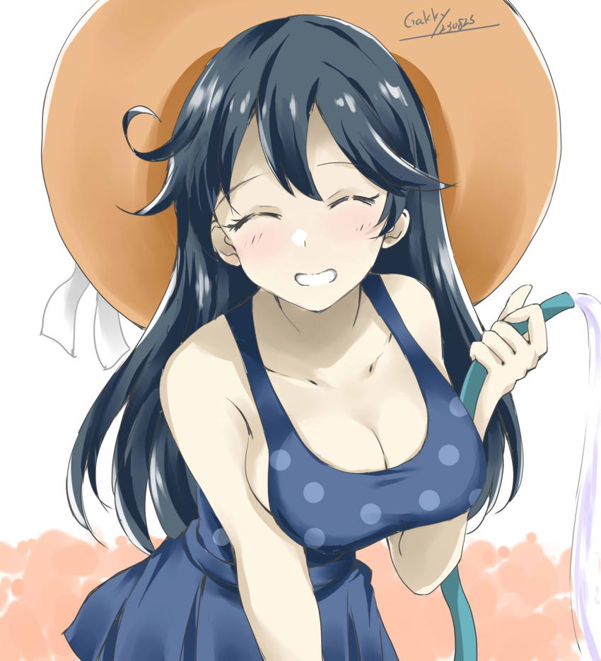 1girl ahoge black_hair blue_one-piece_swimsuit blue_skirt breasts brown_headwear casual_one-piece_swimsuit cleavage closed_eyes cowboy_shot gakky grin hat highres hose kantai_collection large_breasts leaning_forward long_hair official_alternate_costume one-hour_drawing_challenge one-piece_swimsuit polka_dot polka_dot_swimsuit skirt smile solo sun_hat swimsuit ushio_(kancolle)