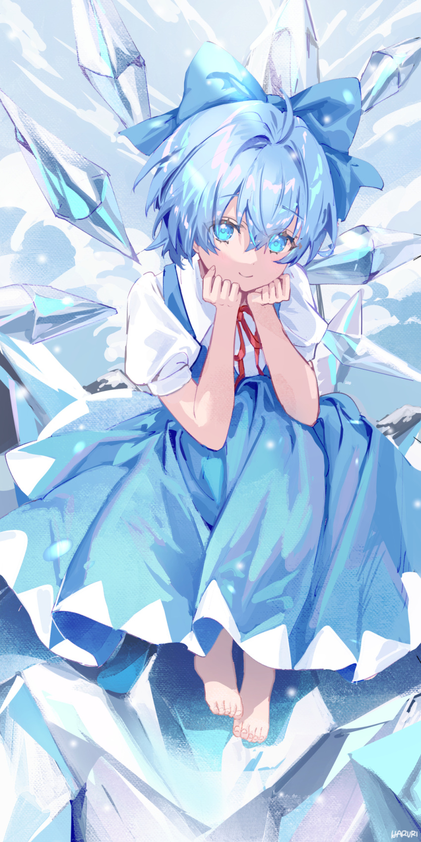 1girl artist_name barefoot blue_bow blue_dress blue_eyes blue_hair bow cirno closed_mouth collared_shirt dress fairy hair_between_eyes hair_bow haruri highres ice ice_wings puffy_short_sleeves puffy_sleeves shirt short_hair short_sleeves signature smile solo touhou white_shirt wings