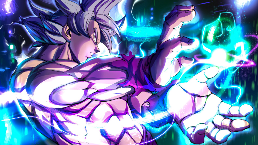 1boy abs absurdres broonoart commentary dragon_ball dragon_ball_super energy grey_eyes grey_hair highres kamehameha_(dragon_ball) male_focus muscular muscular_male profile solo son_goku topless_male ultra_instinct upper_body