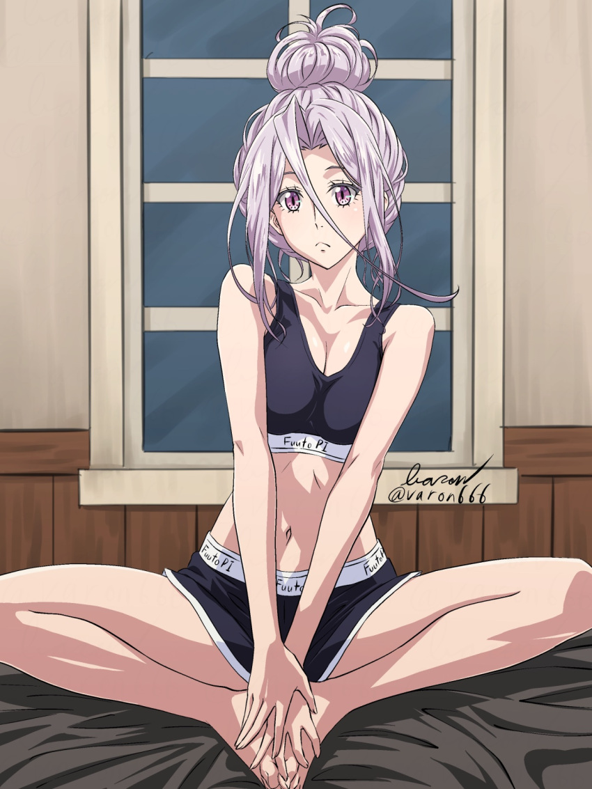 1girl alternate_hairstyle artist_name bare_legs bare_shoulders barefoot baron_(varon666) black_shirt black_shorts breasts butterfly_sitting cleavage closed_mouth copyright_name frown fuuto_tantei hair_between_eyes hair_bun hand_on_own_foot highres indoors kamen_rider kamen_rider_w large_breasts navel purple_eyes purple_hair shirt short_shorts shorts sitting sleeveless sleeveless_shirt solo stomach tank_top tokime_(fuuto_tantei) twitter_username window