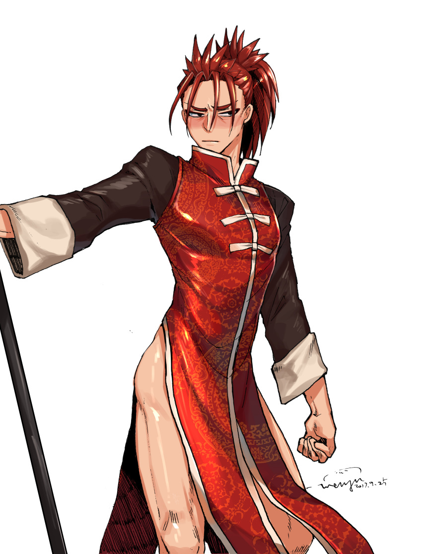 1boy absurdres adapted_costume amy7996659 averting_eyes bara blush chinese_clothes contrapposto fate/grand_order fate_(series) feet_out_of_frame high_ponytail highres li_shuwen_(fate) li_shuwen_(young)_(fate) male_focus pectorals pelvic_curtain polearm red_hair shy sideburns solo standing thighs toned toned_male weapon white_background