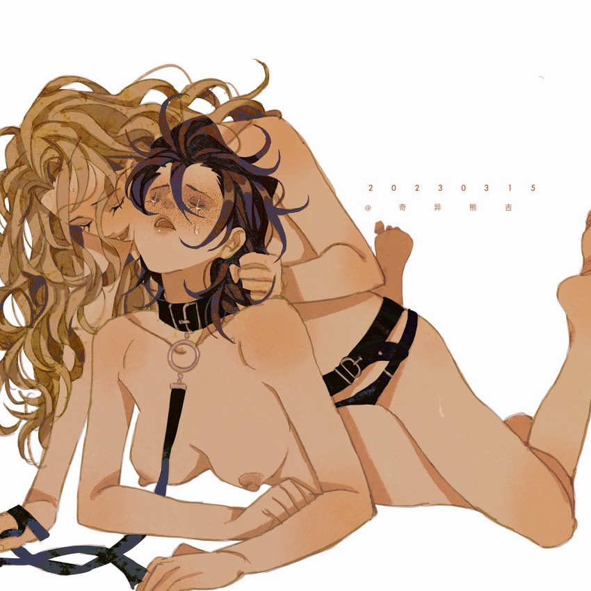 2girls black_hair blonde_hair breasts closed_eyes collar completely_nude dated dildo grabbing_another's_hair highres leash long_hair luoman19921 medium_breasts medium_hair multiple_girls nipples nude original sex_toy simple_background strap-on sweat white_background yuri