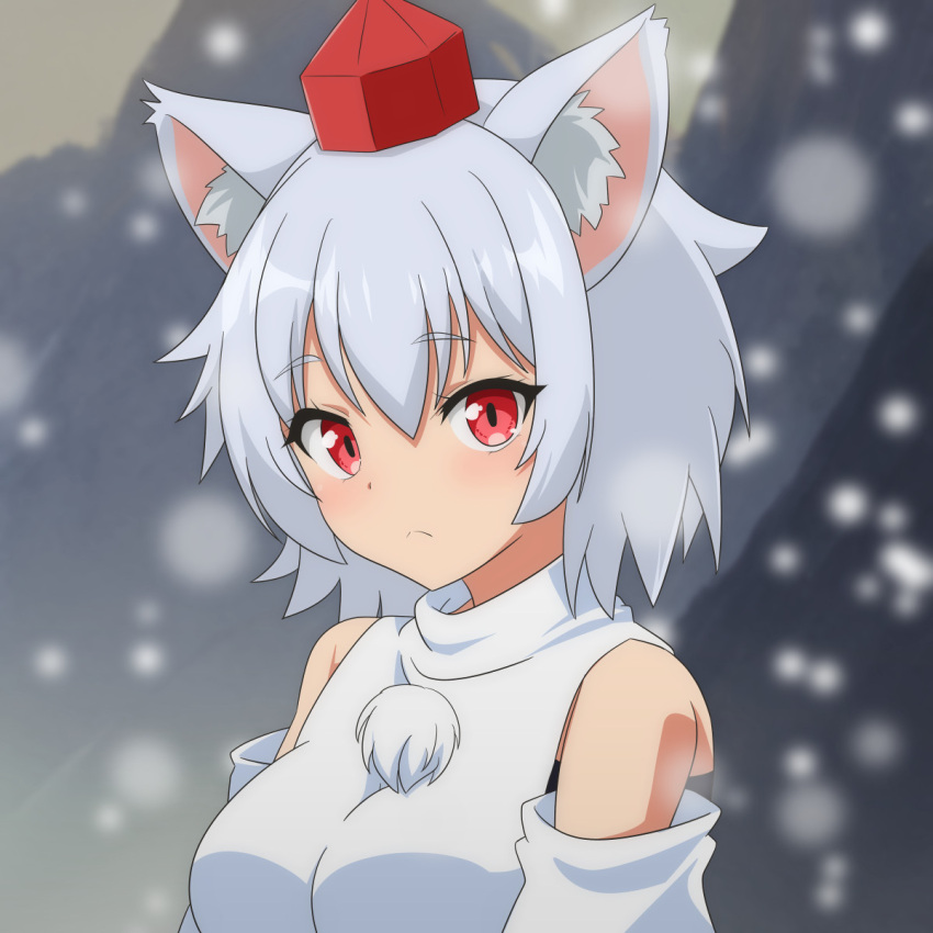 1girl :&lt; animal_ear_fluff animal_ears blurry blurry_background blush breasts cato_(monocatienus) closed_mouth commentary_request detached_sleeves expressionless grey_hair hair_between_eyes hat highres inubashiri_momiji looking_at_viewer medium_bangs medium_breasts mountainous_horizon outdoors pom_pom_(clothes) red_eyes red_headwear shirt short_hair sleeveless sleeveless_shirt snowing solo tokin_hat touhou turtleneck upper_body white_shirt white_sleeves wolf_ears wolf_girl