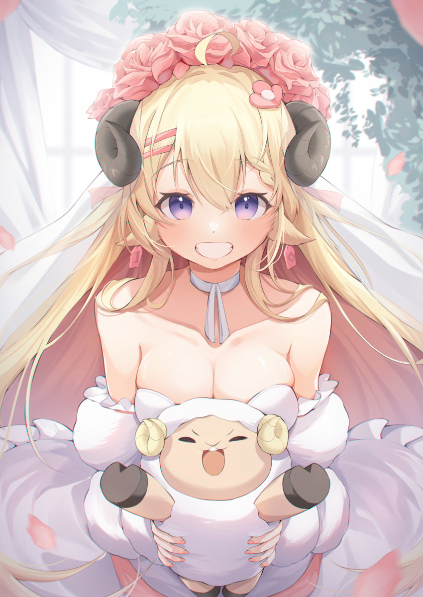 1girl absurdres alternate_costume animal_ears bare_shoulders blonde_hair breasts bride choker cleavage collarbone dress eat_some_cookie head_wreath highres holding hololive horns large_breasts long_hair looking_at_viewer sheep_ears sheep_girl sheep_horns smile tsunomaki_watame virtual_youtuber wedding_dress white_choker