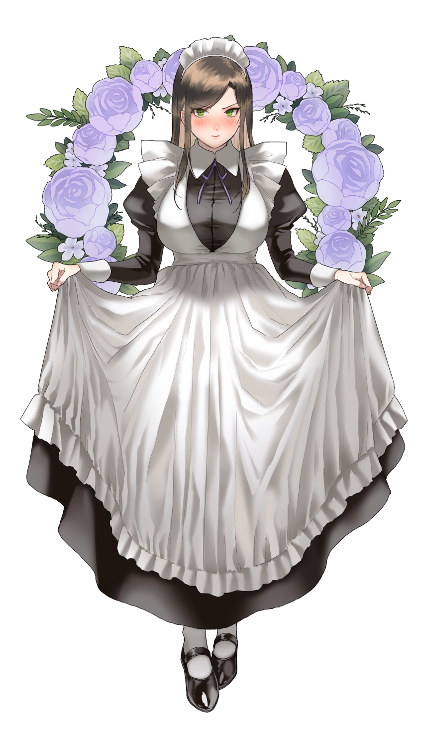 1girl absurdres alternate_costume apron black_footwear blush brown_hair enmaided floral_background flower frills full_body green_eyes highres idolmaster idolmaster_cinderella_girls long_hair looking_at_viewer maid maid_apron maid_headdress mukai_takumi parted_bangs purple_ribbon ribbon ro_torobo sidelocks skirt_hold solo white_background