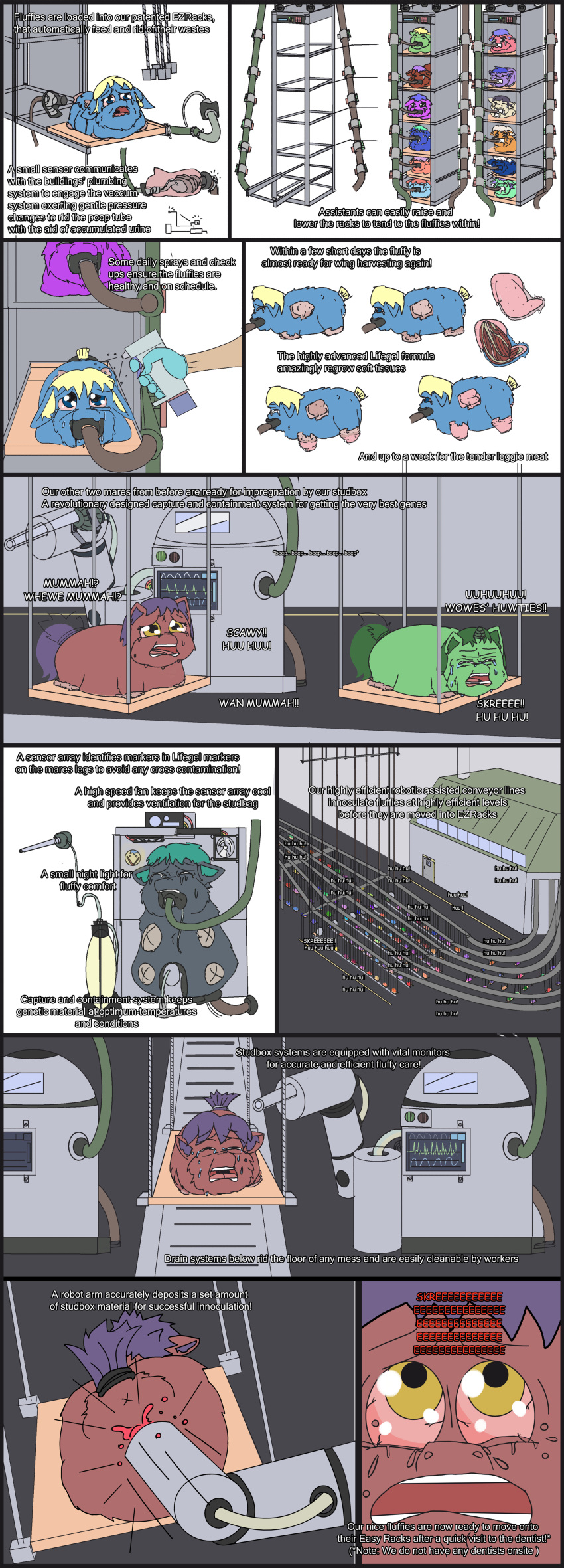 absurd_res ambiguous_gender artificial_insemination blonde_hair blood blue_body blue_fur blue_hair bodily_fluids clothing conveyor_line crying english_text feeding_tube female feral fluffy_pony fur gloves gr1m_1 green_body green_fur green_hair group hair handwear hi_res human male mammal medical_instrument orange_body orange_fur purple_body purple_fur purple_hair red_body red_fur scientific_instrument shelf tears text vital_monitor yellow_body yellow_fur