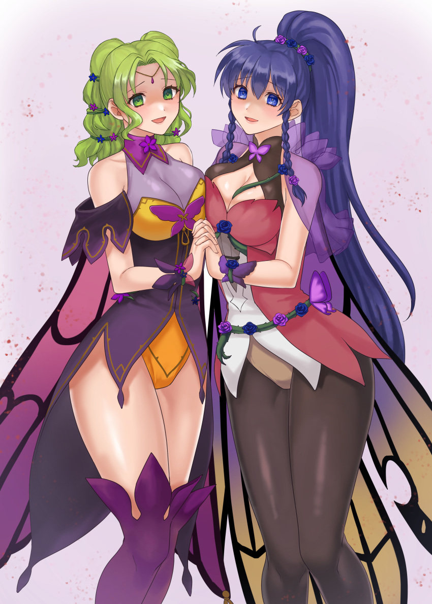 2girls :d absurdres adapted_costume alternate_costume bare_shoulders black_pantyhose blue_eyes blue_hair blush boots braid breasts butterfly_wings cape circlet cleavage collarbone collared_leotard cowboy_shot dress empty_eyes fire_emblem fire_emblem:_the_sacred_stones fire_emblem_heroes flower gradient_clothes green_eyes green_hair hair_flower hair_ornament hazuki_(nyorosuke) highres holding_hands l'arachel_(fire_emblem) l'arachel_(resplendent)_(fire_emblem) large_breasts long_hair looking_at_viewer multiple_girls official_alternate_costume open_mouth pantyhose ponytail purple_thighhighs shaded_face short_dress showgirl_skirt simple_background sleeveless sleeveless_turtleneck_leotard smile standing tana_(fire_emblem) thigh_boots thighhighs thighs turtleneck twin_braids wings wrist_cuffs