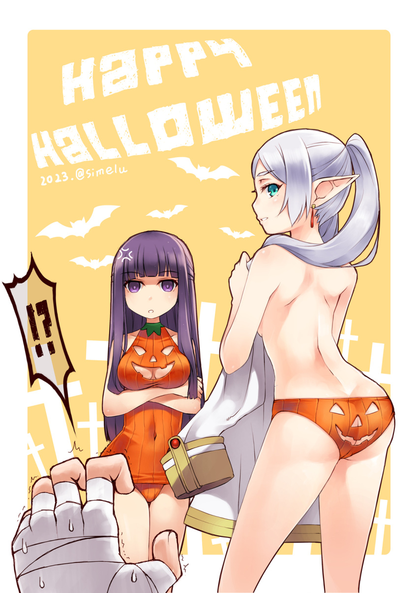 1boy 2girls anger_vein angry artist_name bandaged_arm bandages breasts commentary covered_navel crossed_arms earrings elf english_commentary fern_(sousou_no_frieren) frieren green_eyes halloween halloween_costume highres holding holding_clothes jack-o'-lantern jack-o'-lantern_pasties jewelry large_breasts long_hair looking_at_viewer looking_back multiple_girls old_school_swimsuit panties pointy_ears pov pov_hands purple_eyes purple_hair school_swimsuit simelu sousou_no_frieren stark_(sousou_no_frieren) swimsuit twintails underwear white_hair
