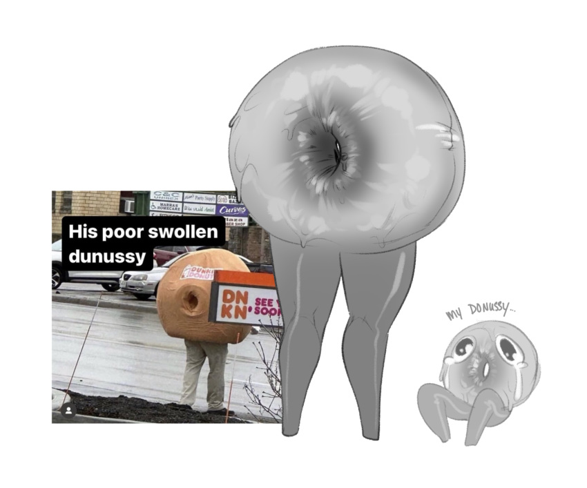 ambiguous_gender animate_inanimate anus bodily_fluids crying dessert doughnut dunkin'_donuts english_text food food_creature food_humanoid for_a_head hi_res humanoid humor inflatable living_inflatable meme object_head outside photography_(artwork) real reference_image shitpost solo sweetburn tears text