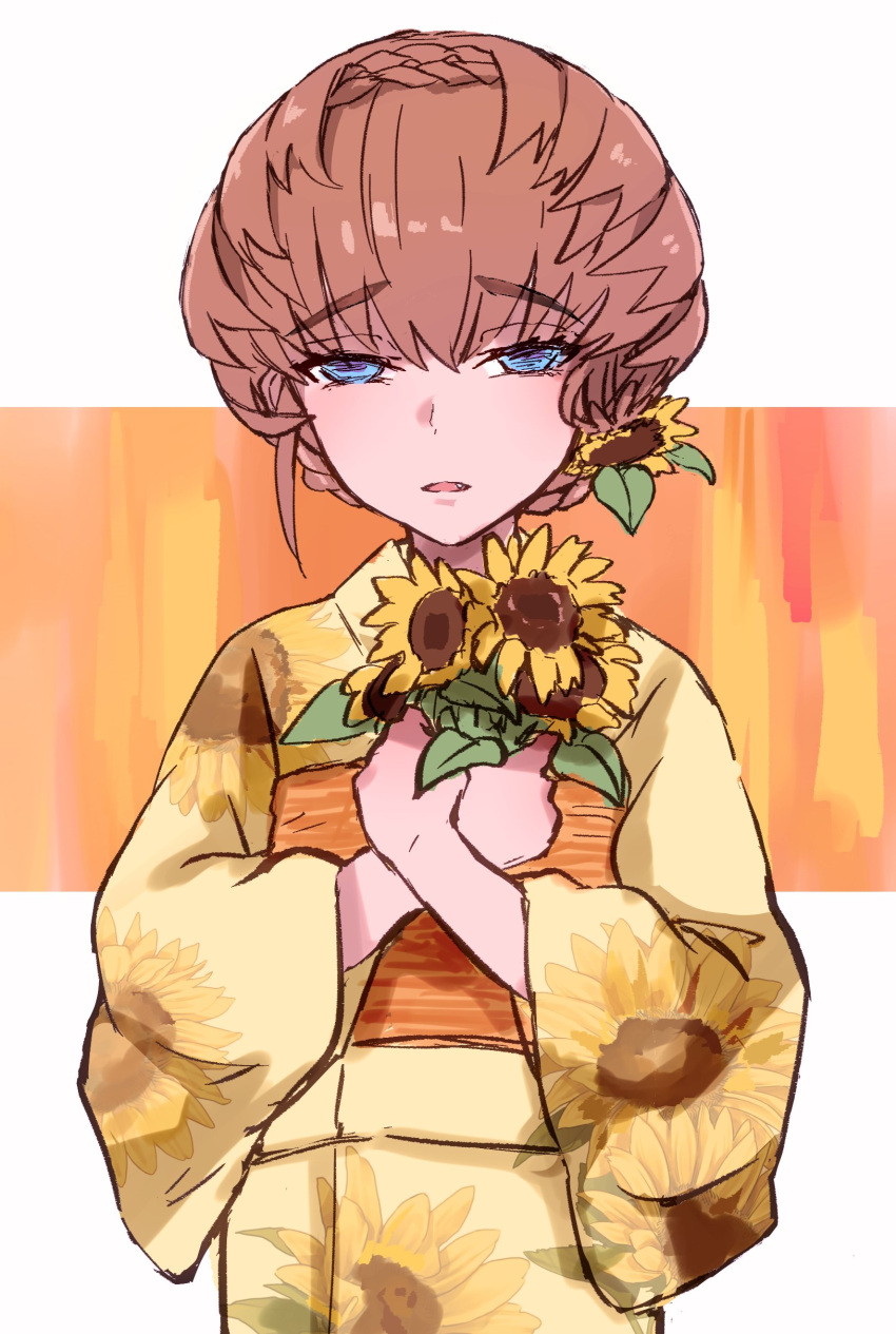 1girl absurdres alternate_hairstyle blue_eyes braid brown_hair crown_braid fang fate/grand_order fate_(series) floral_print flower hair_flower hair_ornament highres holding holding_flower japanese_clothes kimono long_sleeves looking_at_viewer open_mouth shimogamo_(shimomo_12) solo sunflower sunflower_print upper_body van_gogh_(fate) yellow_flower yellow_kimono