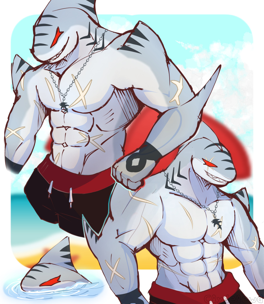 abs absurd_res anthro beach clothed clothing clydelewd_(artist) fish hi_res jewelry looking_at_viewer male marine muscular muscular_anthro muscular_male necklace red_eyes requiem_shark scar seaside shark simple_background smile solo solo_focus stripes swimming_trunks swimwear teeth tiger_shark tigershark topless water