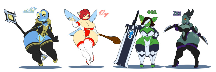 3:1 absurd_res amphibian big_breasts breasts cleavage clothed clothing dragon dual_wielding fairy female frog goblin group hi_res holding_object holding_staff holding_sword holding_weapon humanoid legwear lunis1992 melee_weapon staff sword thick_thighs thigh_highs weapon
