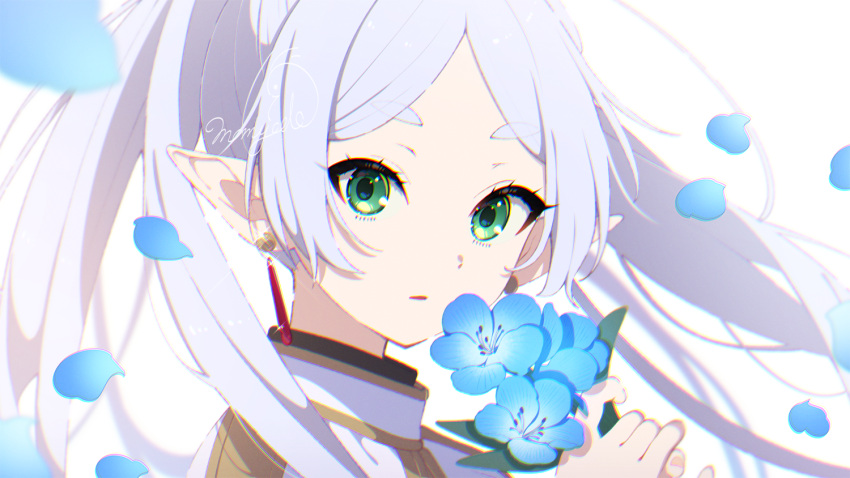 1girl blue_flower commentary_request earrings flower frieren from_side green_eyes grey_hair hands_up holding holding_flower jacket jewelry long_hair looking_at_viewer looking_to_the_side mamyouda parted_bangs parted_lips petals pointy_ears portrait short_eyebrows signature simple_background solo sousou_no_frieren thick_eyebrows twintails white_background white_jacket