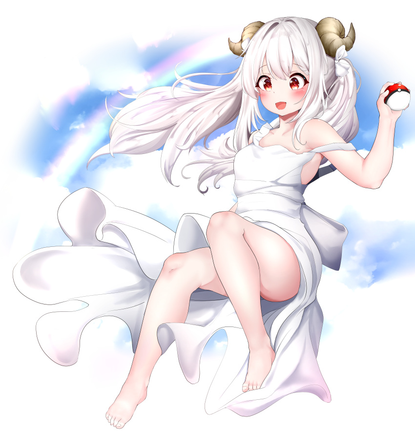 1girl absurdres barefoot commentary commission curled_horns dress english_commentary full_body full_moon highres holding holding_poke_ball horns long_hair looking_at_viewer mal_(user_yvfe5887) moon original outdoors poke_ball rainbow red_eyes sleeveless sleeveless_dress solo twintails white_dress white_hair