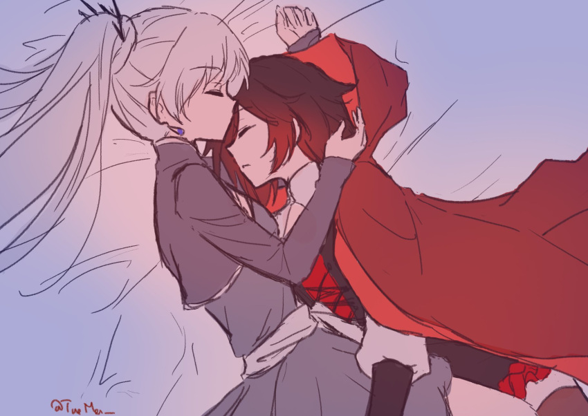 2girls arm_pillow arms_around_neck artist_name bed_sheet black_dress black_hair blue_dress cape closed_eyes dress gradient_hair highres long_hair multicolored_hair multiple_girls on_bed ponytail red_cape red_hair ruby_rose rwby short_hair sleeping tuemei weiss_schnee white_hair yuri