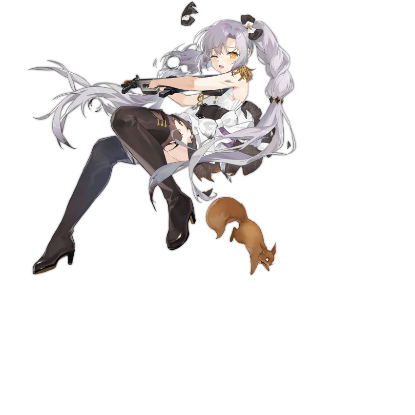 1girl animal aug_para aug_para_(girls'_frontline) aug_para_(serenade_no.10)_(girls'_frontline) black_bow black_footwear black_skirt black_thighhighs blush blush_stickers boots bow braid bullet_hole dress dress_bow epaulettes full_body girls'_frontline gloves glowing_hot grey_hair gun hair_between_eyes hair_bow hair_bow_removed hair_ornament high_heel_boots high_heels highres holding holding_gun holding_weapon looking_at_viewer marching_band o_o official_alternate_costume official_art one_eye_closed open_mouth scorch_mark simple_background skirt sleeveless sleeveless_dress smile_(mm-l) solo squirrel star_(symbol) star_hair_ornament tears thigh_boots thighhighs torn_boots torn_clothes torn_dress torn_skirt torn_thighhighs transparent_background twin_braids weapon white_bow white_dress white_gloves yellow_eyes