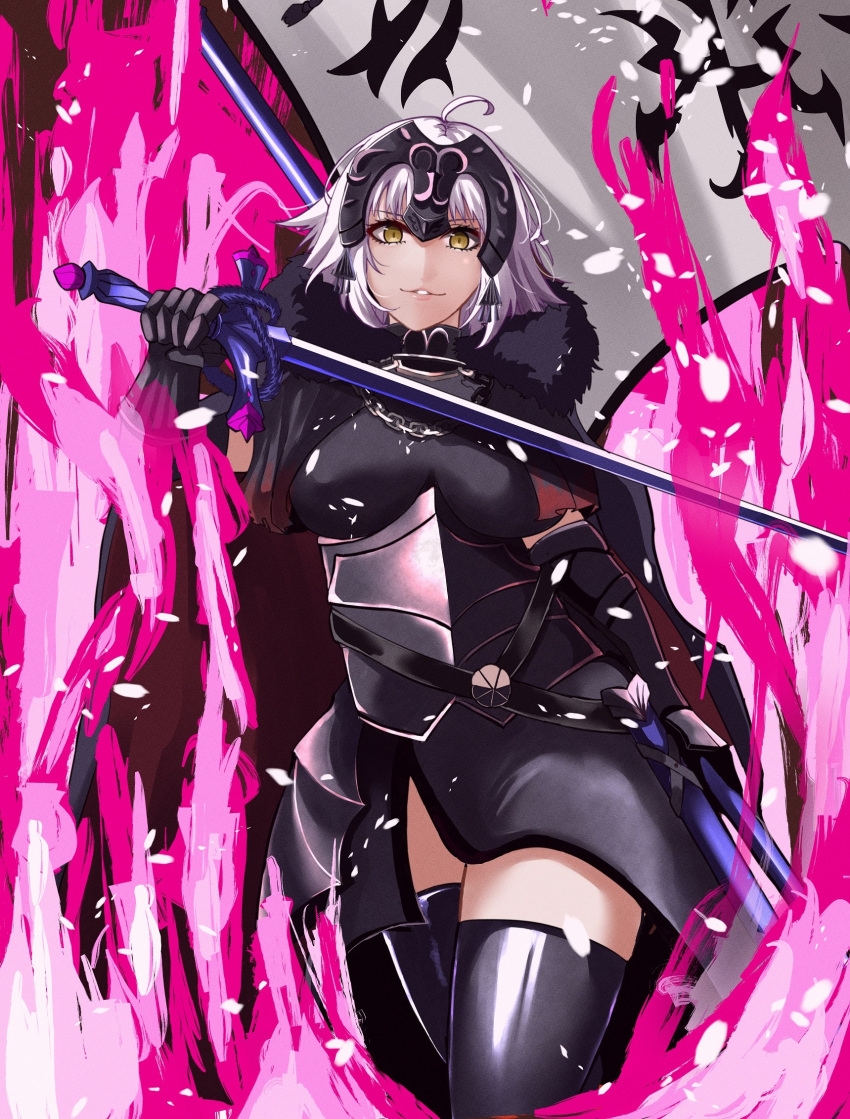 1girl armored_boots armored_corset boots cape fate/grand_order fate_(series) fire flame fur_collar gauntlets gorget headpiece highres jeanne_d'arc_alter_(fate) parted_lips smile solo standard_bearer sword tomotomow00w weapon white_hair yellow_eyes zettai_ryouiki