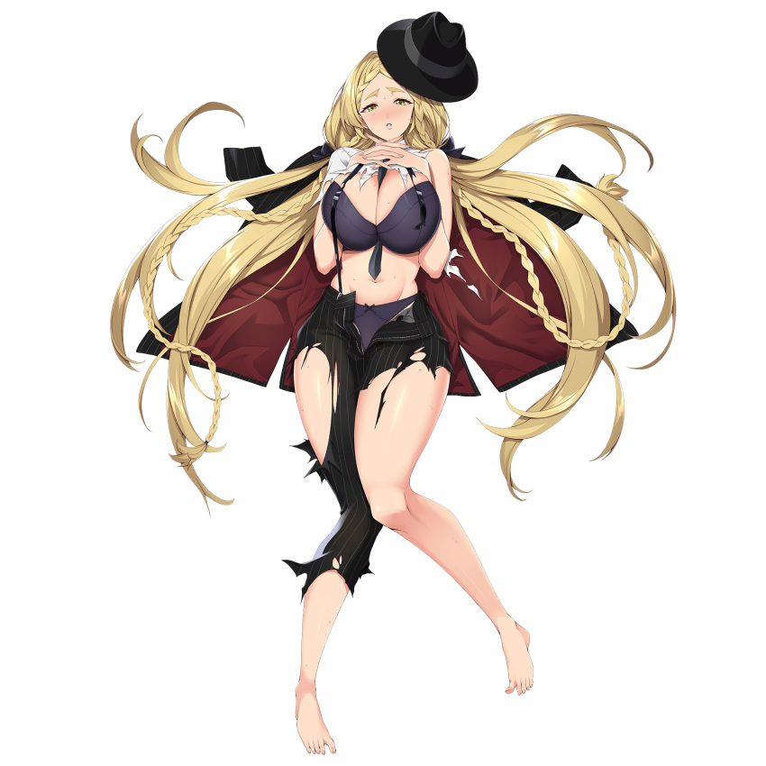 1girl :o barefoot between_breasts black_bow black_headwear black_jacket black_necktie black_pants blonde_hair blush bow bra braid breasts breasts_squeezed_together collared_shirt defeat fedora full_body gangster green_eyes groin hair_bow hands_on_own_chest hat hat_removed headwear_removed highres huge_breasts interlocked_fingers jacket jacket_on_shoulders kloah knees_together_feet_apart last_origin lips long_hair looking_at_viewer lying navel necktie necktie_between_breasts nymph_(last_origin) official_alternate_costume official_art on_back own_hands_clasped own_hands_together panties pants parted_lips pinstripe_jacket pinstripe_pants pinstripe_pattern purple_bra purple_panties ribbon-trimmed_panties shirt simple_background solo striped suspenders sweat tachi-e teeth thick_thighs thighs third-party_source torn_clothes torn_pants torn_shirt transparent_background underwear unzipped white_shirt