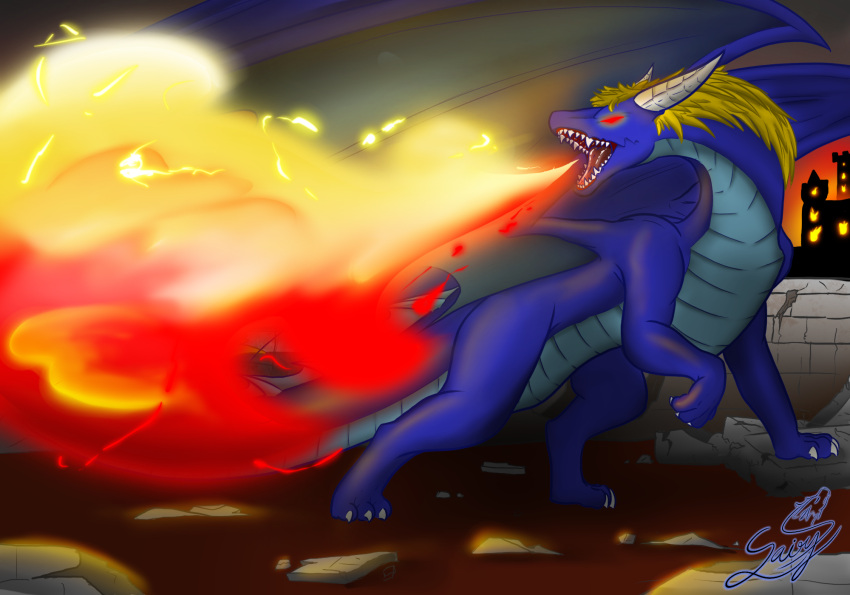 angry blue blue_body blue_scales dragon feral fire glowing glowing_eyes hi_res horn kumo male mane open_mouth orange_mane red_eyes sairysia scales solo wings