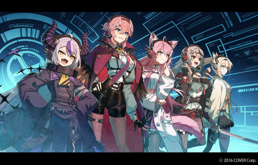 5girls :d animal_ears belt black_gloves black_hair black_thighhighs blonde_hair blue_hair breasts cape choker clenched_hands fang fingerless_gloves garter_straps gloves grey_hair hakui_koyori hands_on_own_hips head_wings headphones highres holding holding_sword holding_weapon hololive holox horns katana kazama_iroha kuroi_susumu la+_darknesss lab_coat midriff multicolored_hair multiple_girls necktie pantyhose pink_hair pleated_skirt ponytail purple_hair red_eyes sakamata_chloe sarashi shorts skin_fang skirt smile sword tail takane_lui thighhighs torn_clothes torn_thighhighs two-tone_hair virtual_youtuber weapon white_hair wings wolf_ears wolf_tail yellow_eyes