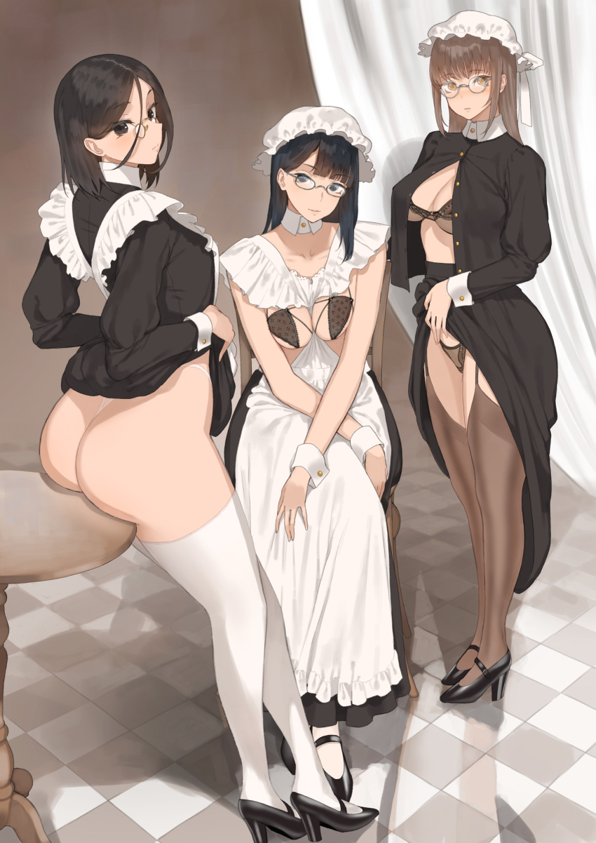 4girls ass black_hair bra breasts chair clothes_lift glasses high_heels highres indoors light_brown_hair long_hair looking_at_viewer maid medium_breasts multiple_girls original panties short_hair sitting table thick_thighs thighhighs thighs thong throtem underwear