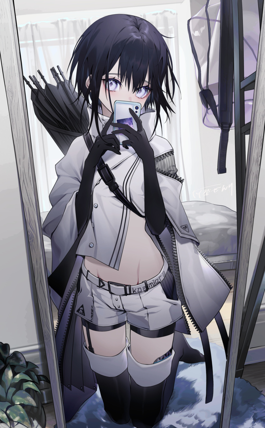 1girl absurdres arknights bag bed bedroom black_gloves black_hair black_thighhighs blush commission cosplay curtains gloves hair_between_eyes haizome_senri highres holding indoors kneeling looking_at_viewer midriff mirror original plant platinum_(arknights) platinum_(arknights)_(cosplay) potted_plant purple_eyes rug selfie short_hair short_shorts shorts signature skeb_commission solo thighhighs