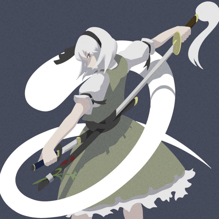 1girl belt belt_buckle black_belt black_hairband buckle cowboy_shot dual_wielding from_side greatmothsucks green_skirt green_vest grey_background hairband highres hitodama holding holding_sword holding_weapon katana konpaku_youmu konpaku_youmu_(ghost) looking_at_viewer looking_to_the_side medium_hair puffy_short_sleeves puffy_sleeves sheath shirt short_sleeves simple_background skirt skirt_set sword touhou unsheathing vest weapon white_hair white_shirt